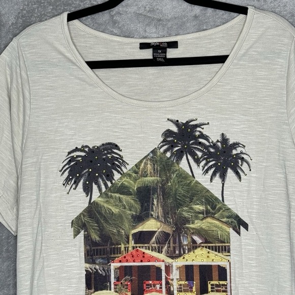 Style & Co 1X Top Shirt Beige Beach Graphic Short Sleeve Scoop Neck Fringe Knit - Picture 4 of 8